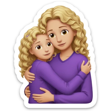 a mother with blond curly long wearing purple hugging his son with brown hair and like saying its okay sticker