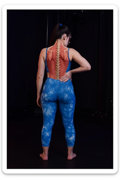 A woman with back pain, add an anatomically highlighted back on the body, variant 6, in a style suitable for editing and anatomical clarity. sticker