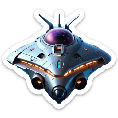 Design a futuristic and stylized spaceship with a sleek, semi-realistic appearance, centered in the frame. The ship should have a unique and creative design, with smooth curves, glowing neon accents (blue or other colors), and intricate mechanical details. Incorporate a subtle 'face' or 'expression' into the front of the ship, using shapes, lights, or patterns that suggest eyes and a mouth without making it look like a literal human face. The 'face' should give the ship a sense of personality or consciousness, as if it were an AI-driven or sentient vessel. Avoid overly human-like features; instead, focus on abstract or robotic elements that evoke emotion. The background should be outer space, with stars, a distant planet, or a nebula, and the lighting should highlight the ship's design and 'face' to make it stand out. sticker