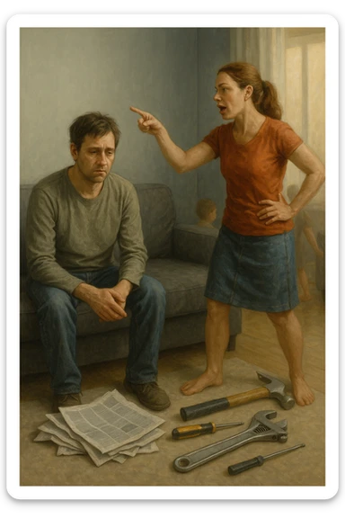 Uomo tra i 35 e i 45 anni, seduto in disparte sul divano con sguardo spento e postura chiusa, mentre la moglie, in piedi, gesticola con decisione e dirige la scena familiare (dando ordini ai figli o organizzando la casa). Intorno, simboli visivi della perdita di ruolo maschile: giornali accartocciati, strumenti da lavoro inutilizzati, l’uomo con vestiti trasandati o troppo neutri. La donna appare energica, determinata, mentre lui è passivo e disconnesso. Atmosfera domestica fredda o neutra. Colori sbiaditi attorno all’uomo, più vividi attorno alla donna. Stile realistico con tono simbolico. sticker