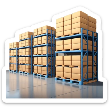 Modern warehouse interior 🏭 ultra-realistic 4K 📸 industrial shelves 📦 pallets stacked neatly 🏗️ soft lighting 💡 realistic shadows 🌑 sharp focus 🔎 cinematic depth 🎬 professional photography ✨ sticker