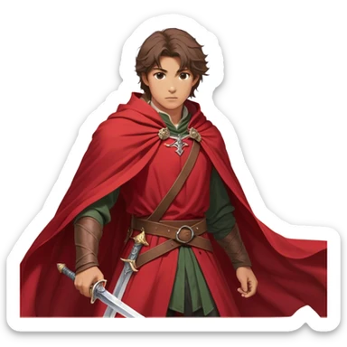 "A young man with a confident and determined expression wears a flowing red cloak that billows in the wind. His sword is securely fastened to his belt, and one hand rests firmly on the hilt while the other boldly points forward, as if leading a charge or giving a command. His hair is slightly tousled, and his stance exudes strength and readiness. The background is vibrant and dynamic, complementing the heroic and adventurous atmosphere. sticker