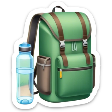 Icon for Ecotourism: a lightweight hiking backpack with a reusable water bottle, placed against a backdrop of lush green nature, with trees and a scenic trail. The icon should represent eco-friendly travel and the beauty of the outdoors. Transparent background. sticker
