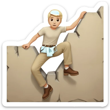 Blonde man wearing beige trousers and a cream shirt climbing over a wall sticker