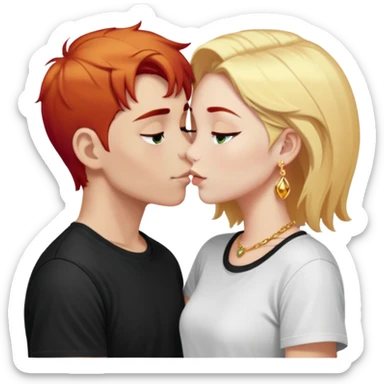 close-up of young 20 year old couple kissing, girl with red hair and blonde eyebrows wearing gold jewelry and light clothes, boy with white hair wearing dark t-shirt sticker
