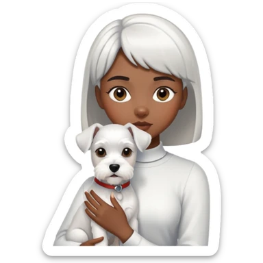 Black girl with short bangs holding a white schnauzer dog sticker