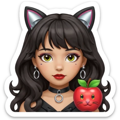 Replace the apple on the collar with a bow or a paw print. Keep the silver O-ring, bangs, bold makeup, medium Hispanic skin, long dark wavy hair, and cat ears. Maintain the apple emoji style with a transparent background. sticker