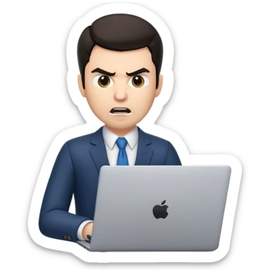 memoji of a white male realtor with a laptop in front, modern, dark hair, angry sticker