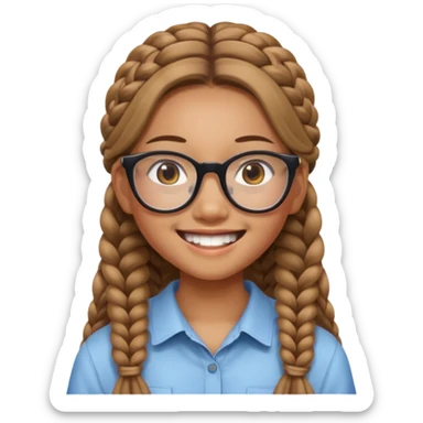 14-year-old Asian girl with long light brown braids, square glasses, big loud smile sticker