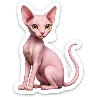 cinematic-[sphynx cat]-realistic-full-body-sitting-emoji,-tail-curled-playfully-around-its-paws,-head-tilted-dramatically,-sleek-[pink]-skin,-simplified-yet-realistic-focused-features,-highly-detailed,-glowing-with-an-almost-sarcastic-glow sticker