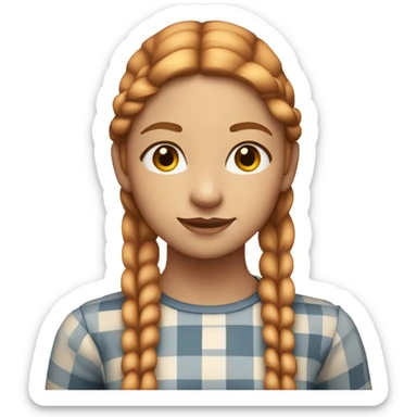 a young woman with long, straight reddish-blonde hair styled with two small braids in front. She has a soft expression and is wearing a light-colored checkered top.  sticker