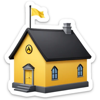 simple magic school, low detail, white background, magic school, black roof, with a big flag, big flag on a roof, big yellow flag, white school sticker