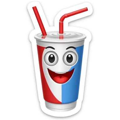 paper coke cup and straw, the cup has eyes and mouth and glassess sticker