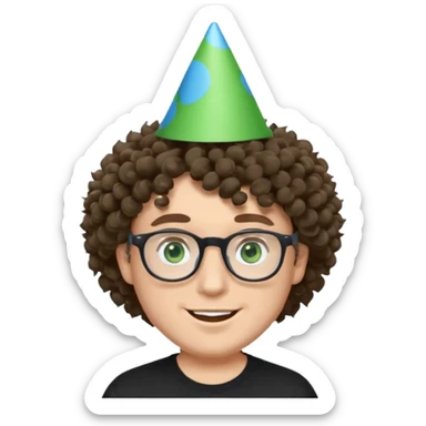 A white guy with curly brown hair and green eyes with a happy face, and wear square black glasses.He’s also got a full silver birthday party hat on his head with blue pom poms on top of it, and his T-shirt is all black, he wears a little gold circle earrings on his left  sticker