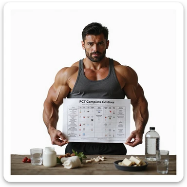 hyper realistic muscular bodybuilder in sportswear showing a well organized PCT chart, supplements and water on table, atmosphere of wellness and recovery, Italian caption: 'PCT completa: ritorno alla forma', isolated on white background sticker