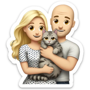 3 objects - a beautiful blonde with long hair and a polka-dotted sundress, a bald handsome man in a rock T-shirt and a fat gray cat with black spots. The man hugs the blonde and holds the cat in his hands sticker