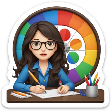 female dark wavy long hair graphic designer , big color wheel behind , pens, papers, desktop sticker
