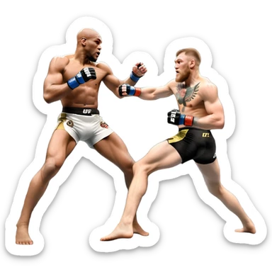 An MMA showdown between Conor McGregor and Anderson Silva in the octagon. McGregor is executing a powerful jumping strike, while Silva is expertly blocking the attack with his forearm. The background features the UFC octagon, fans in the distance, and dynamic action. Transparent background sticker