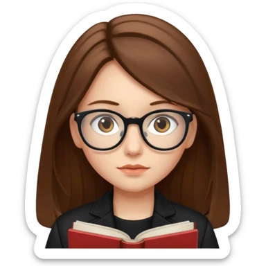 A girl with long brown hair and small reading glasses and black jacket  sticker