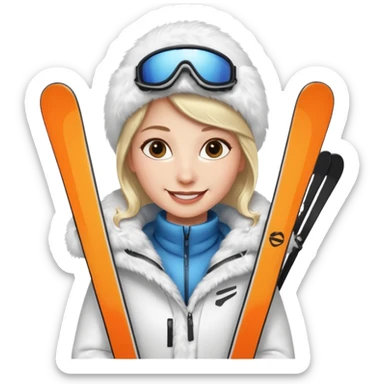 woman in white fur coat holding skis sticker