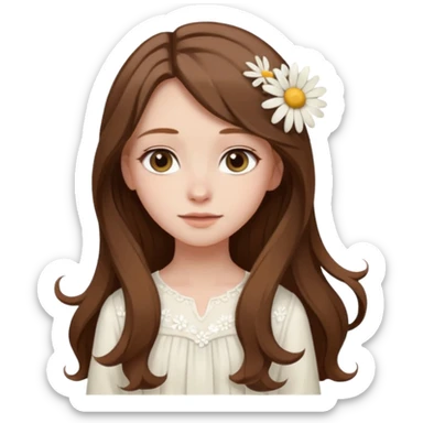 Girl with long brown hair, pale skin, daisy hairclips, long sleeved white flowy dress sticker