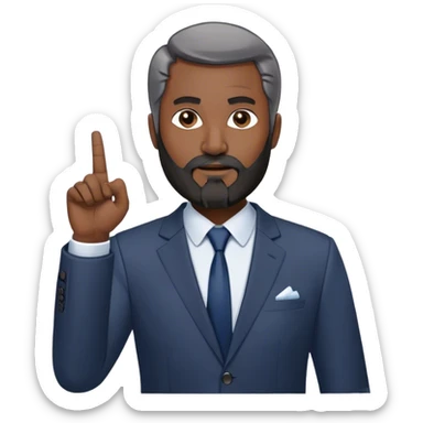Emoji-style cartoon man, 50s, black beard with gray streaks, wearing a business suit. Raises right index finger upward (↑) to signal 'attention!' Simple design, bold lines, minimal details. Looks Дмитрий Шумейко sticker