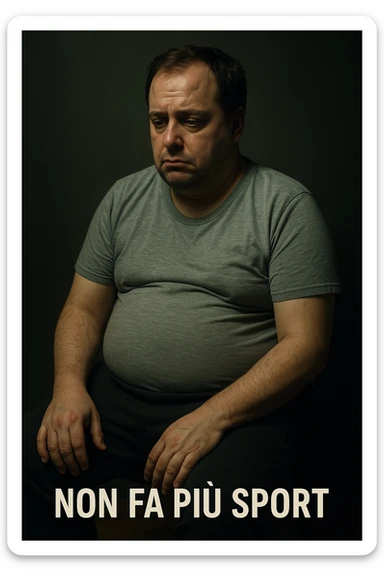 vertical realistic cinematic image of a man who no longer does sports, with a less toned body, sedentary posture, signs of inactivity, clinical dramatic lighting, Italian captions, aspect ratio 2:3 sticker