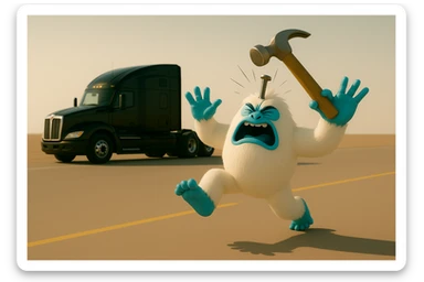 Change to a side view: show the black 2026 Kenworth W680 flat top semi sleeper far behind the abominable snowman, hammer actively hitting the snowman, light and realistic style, no text. sticker