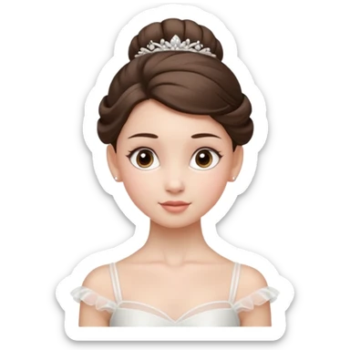 Cinematic Realistic Ballerina Portrait, depicted with lifelike skin texture, subtle rosy undertones, and soft natural lighting that enhances the gentle contours of her face. Her intricately detailed Brunette hair is elegantly styled in an updo, sticker
