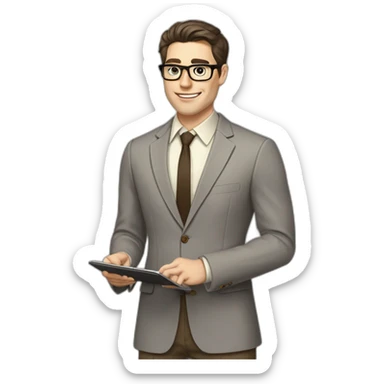 Pale skinned fit man with dark brown hair in gray jacket, beige office shirt, brown tie, brown pants and vintage glasses Writing on the tablet sticker