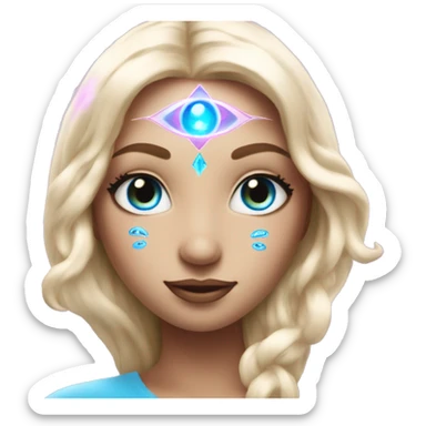 magical diva with thin pink andromedan face long blonde hair and blue eyes glowing third eye sticker