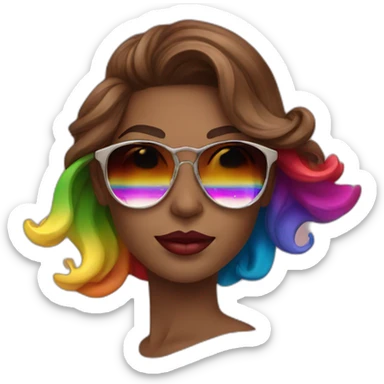 gay pride sunglasses on female head with wavy brown hair and rainbow lipstick sticker