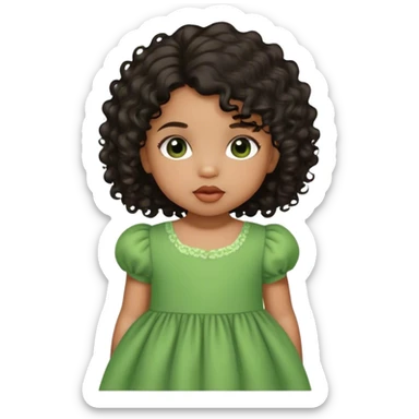light brown skin tone, very adorable toddler, with big plump lips, long long lashes, black curly hair, middle hair parting, brown eyes, green dress sticker