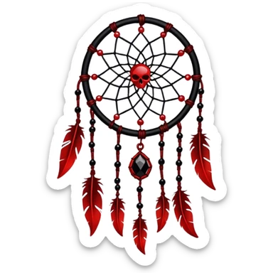 Blood-red, bloody, obsidian-black, edgy, dream catcher, red gemstones, black wires, black threads, tiny skulls, whie feathers sticker