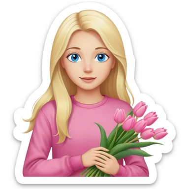 A cinematically realistic blonde with long hair and blue eyes, dressed in jeans and a pink sweatshirt, holds a bouquet of tulips in her hands. sticker