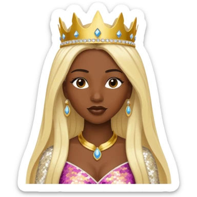 Queen of Sheba from The Bible with dark skin, long blonde hair, ivory sequin outfit sticker