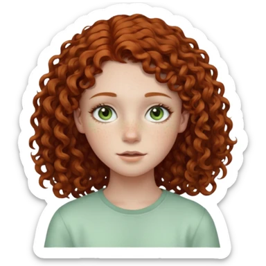 pale teen girl with light green eyes and freckles that has curly auburn hair in a middle part sticker