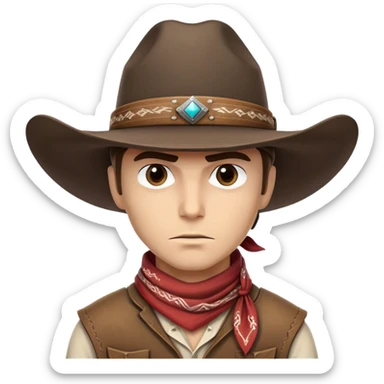 Clash of Clans aesthetic friendly Cowboy Portrait Emoji, With a rugged yet stylized build wearing a classic wide-brimmed hat and bandana, his face rendered in a natural skin tone (not yellow), determined eyes and a steely gaze, Simplified yet dynamic features, highly detailed, glowing with a warm, sunlit frontier radiance, high shine, brave and spirited, stylized with an air of Wild West heroism, focused and ready, soft glowing outline, capturing the essence of a fearless cowboy adventurer ready to ride into epic quests! sticker
