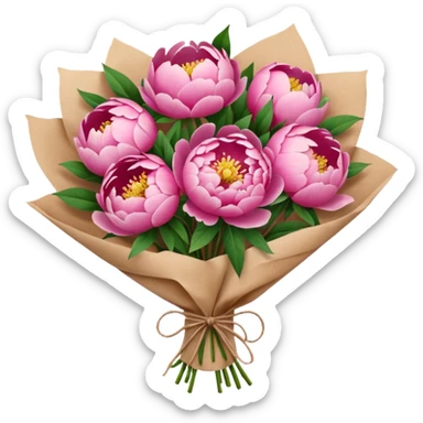 Bouquet of pink flower peony wrapped in kraft paper sticker
