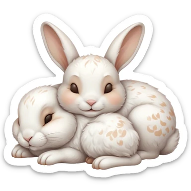 Meme-Worthy Cute Sleeping White and Brown Rabbit Portrait Emoji, Head resting peacefully with a contented smile, showcasing a delightfully balanced build and a luxuriously soft patterned fur of white and brown, eyes shut in a serene nap, Simplified yet hilariously adorable features, highly detailed, glowing with a soft, drowsy light, high shine, relaxed and utterly lovable, stylized with an air of playful laziness, bright and heartwarming, soft glowing outline, capturing the essence of a comically sleepy bunny, so meme-worthy it feels like it could instantly become the next viral sensation of adorable slumber! sticker