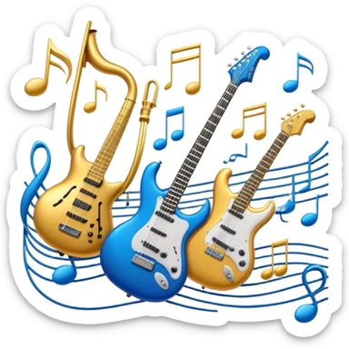 Create an elegant and dynamic emoji that represents music arrangement and orchestration. The design should feature musical notes, a synthesizer, drums, and an electric guitar, symbolizing the diverse instruments used in arranging and orchestrating music. Incorporate flowing lines to represent harmony and rhythm, with a subtle representation of sheet music. Use a combination of vibrant and classic colors like electric blue, gold, and silver, blending the electronic and traditional aspects of arrangement. The background should be transparent. sticker
