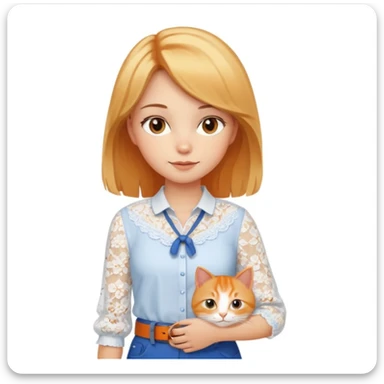 A very beautiful girl with honey-blond hair and kind eyes. She has medium-length hair, is wearing a white lace blouse, blue pants, and a brown belt, and is holding an orange cat.
 sticker