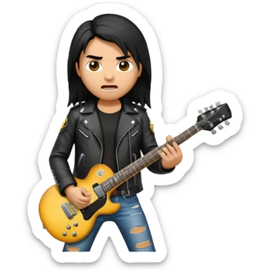 3D Apple-style emoji of a metal musician. Long hair, black leather jacket, ripped jeans, holding an electric guitar. Intense expression, glossy, rounded, smooth, soft shadows, white background.









 sticker