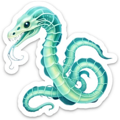 A phosphorescent deep-sea serpent with translucent scales that reveal its glowing skeleton, possessing both jellyfish-like tendrils and the ability to generate electrical pulses that illuminate the ocean depths. sticker