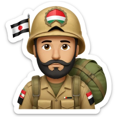 A tired, swarthy Iraqi soldier with a beard, an Iraqi flag on his helmet, a sad expression and bags under his eyes sticker