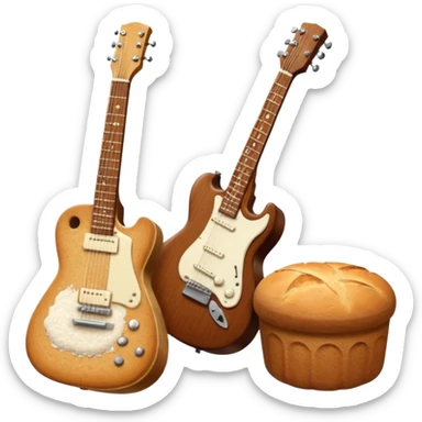 a bottle of salt (salt shaker) and a loaf of peasant bread with a small SG Gibson electric guitar sticker