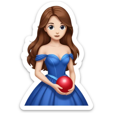Cinematic Elegant Belle Portrait Emoji, rendered in a realistic, vector-style with minimal shading and bold, simplified shapes. Depict Belle (chest and above) with fair, luminous skin, deep brown expressive eyes, and long, flowing chestnut hair styled elegantly, wearing her classic blue ball gown. The image glows with a soft, warm radiance and high shine, capturing timeless refined beauty. sticker