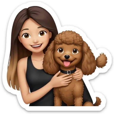 a asian girl with long straight balayage hair, long lashes, laughing, wearing black halterneck top, and holding a brown poodle sticker