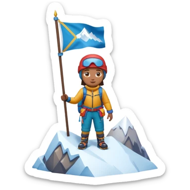 A 3D cartoon mountaineer standing on a snowy Everest-like summit with a flag, wearing colorful climbing gear, soft lighting, Memoji-style. sticker