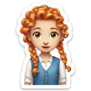 a Small girl with saturated orange hair that is curly and long but with a smaller pony tail on the said with a pink heart hair clip. blue eyes. A white button down shirt and pink cardigan over the top sticker